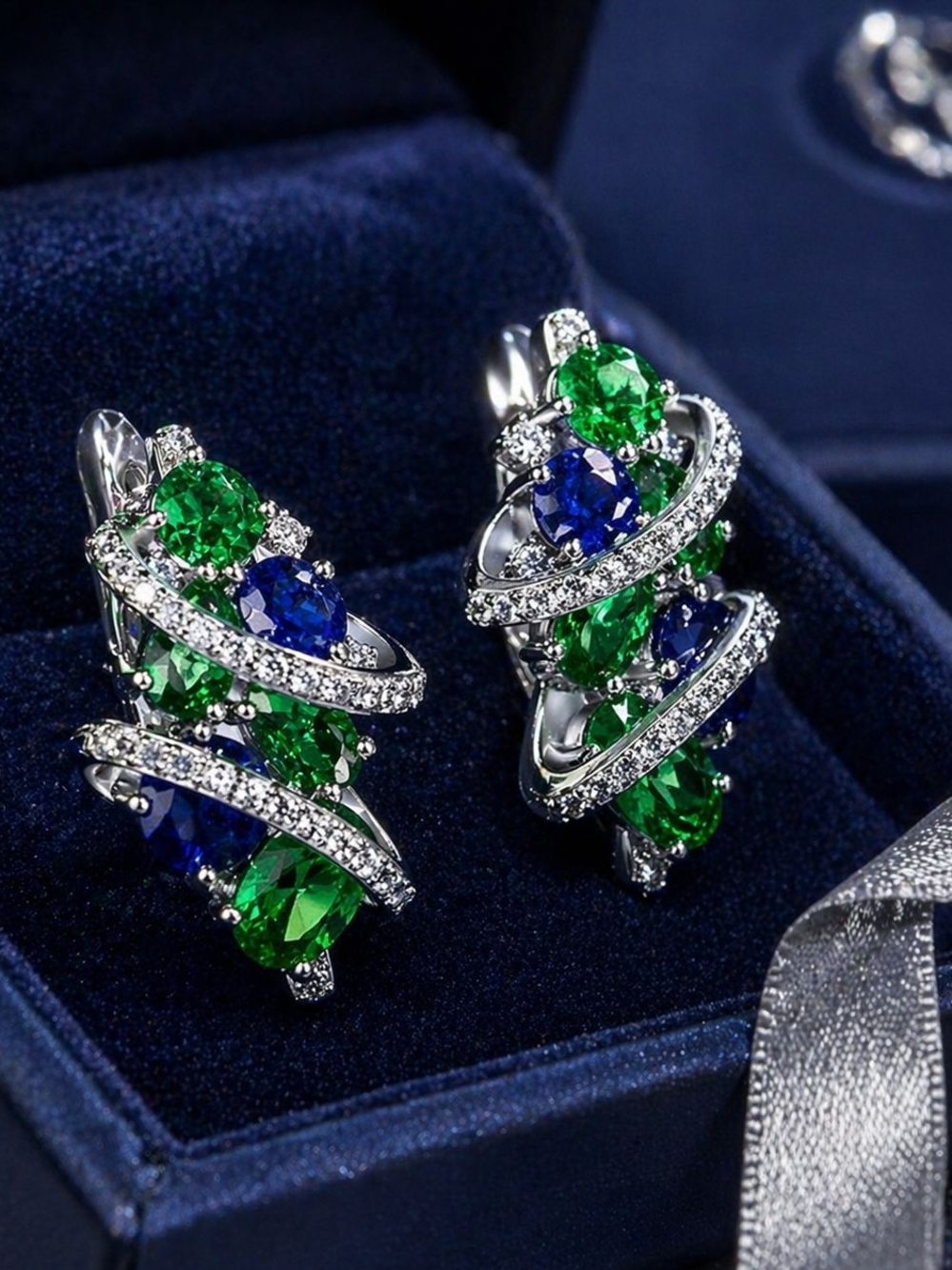 Twist Crystal Stud Earrings in Emerald & Sapphire - Women Jewelry